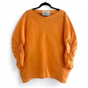 Trish Cox‎ Orange Linen Relaxed Blouse Boat Neck Top Short Sleeve Lagenlook XL
